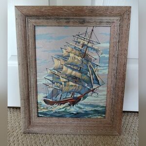 Vintage Framed Paint By Number Gallion Ship 60s